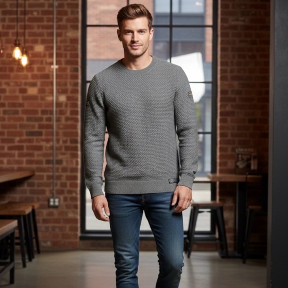 Superdry Men's Grey Textured Knit Crewneck Sweater‎ Size XL Quiet Luxury Preppy